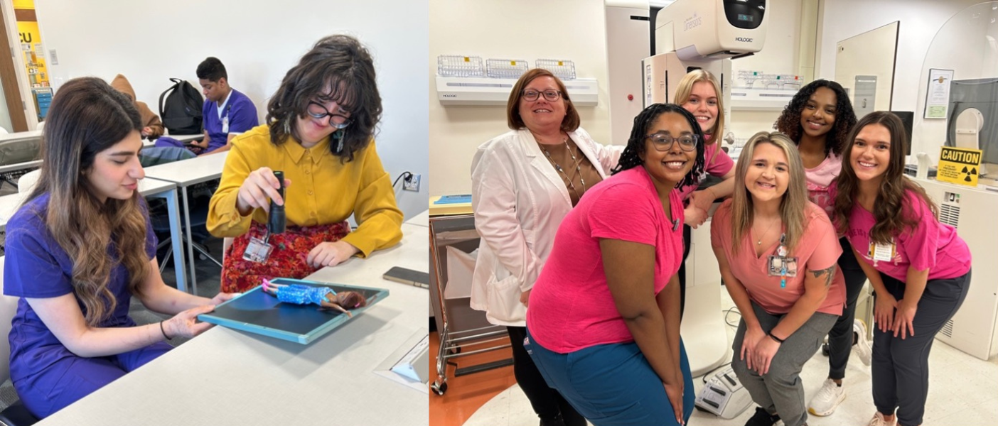 Sophomores Khadeja Alkhalaf and Madison Gooding explore exposure factors with some help from Barbie and Seniors Kamryn Moore, Destiny Layman, Sydney Trip, Natalie Branch and Crystal Hunter participate in a mammography positioning lab with Cherish Parham, PhD