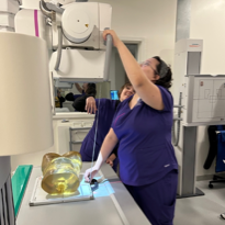 Student lining up mannequin for X ray